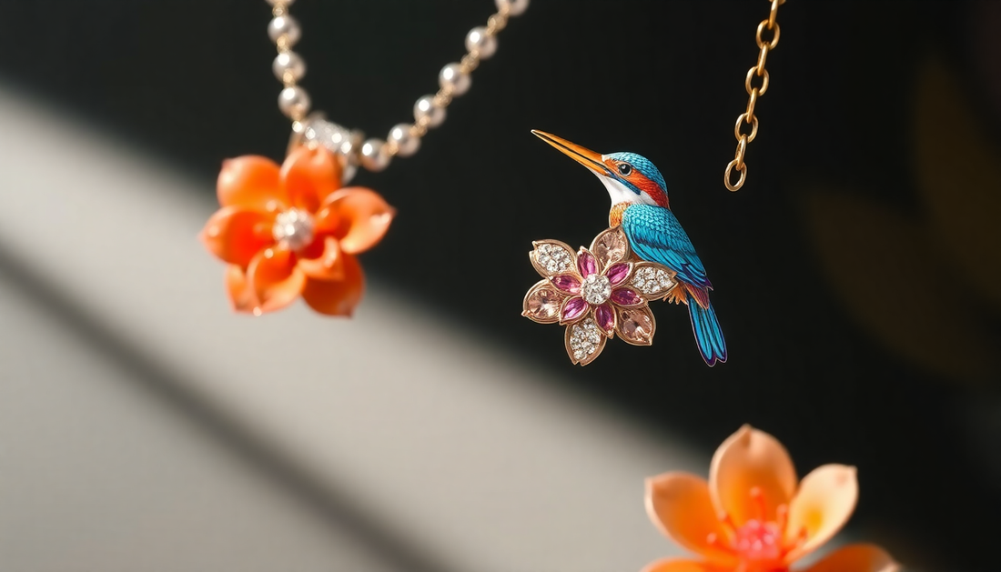 Elegant Perla designer jewelry with kingfisher and flower motifs
