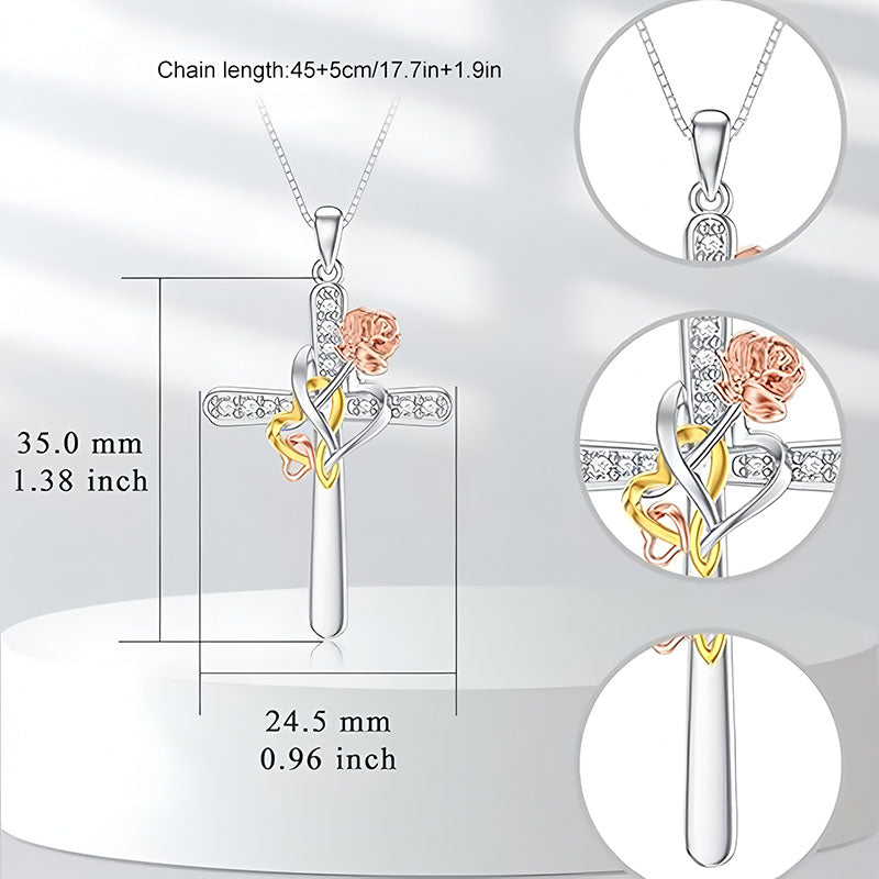Origsoul 925 silver cross pendant for women with rose accents and heart detail