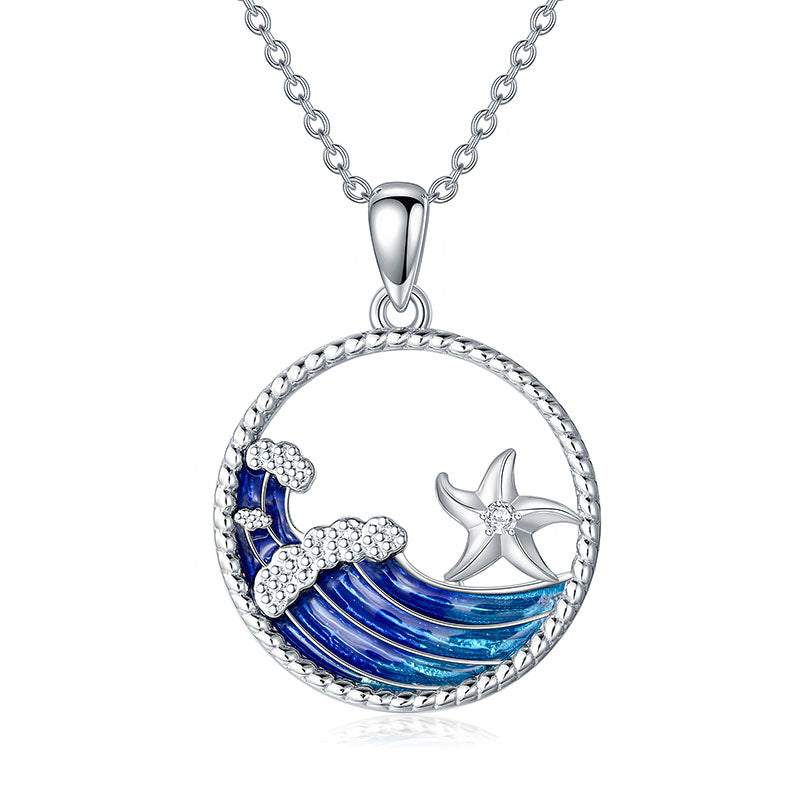 925 silver Hawaiian wave necklace with blue wave design and starfish charm, perfect for beach lovers