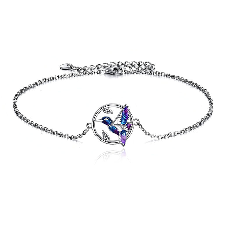 Origsoul 925 silver hummingbird bracelet with delicate chain and colorful enamel bird charm