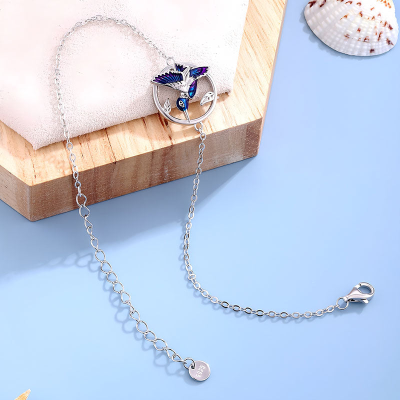 Origsoul 925 silver hummingbird bracelet with blue enamel details on chain link design