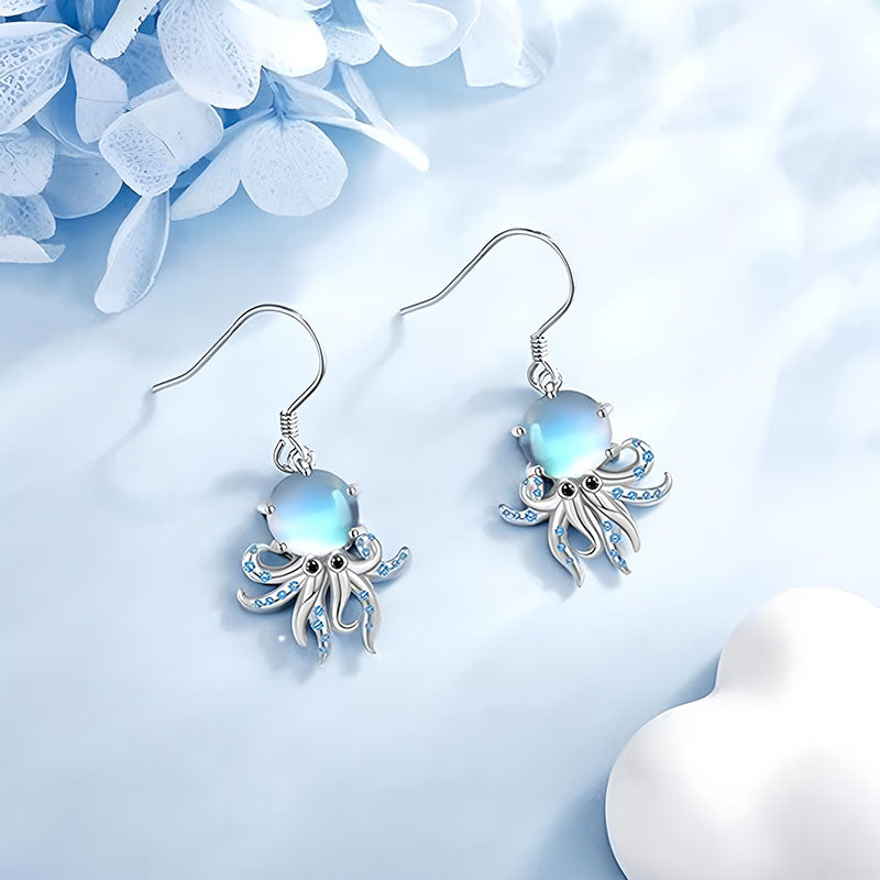 925 silver octopus earrings with blue accents and detailed design, perfect for ocean lovers