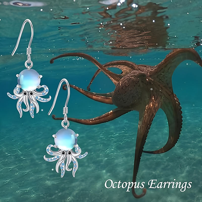 925 silver octopus earrings with a stunning ocean-blue gemstone, perfect for ocean lovers