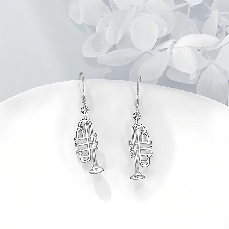 Origsoul 925 silver trumpet earrings with detailed trumpet design and hook closures