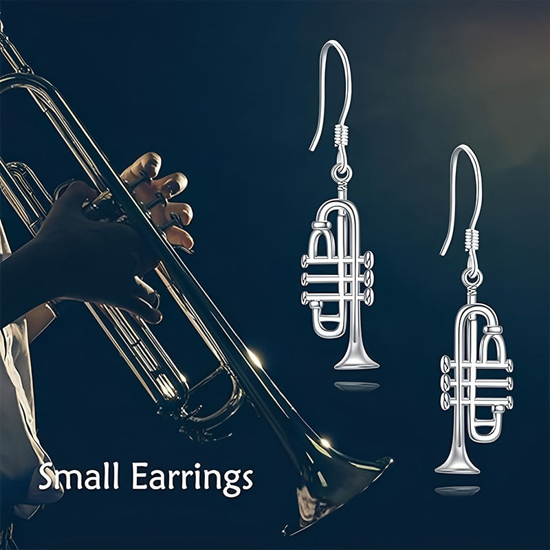 Origsoul 925 silver trumpet earrings designed as small detailed musical instrument jewelry
