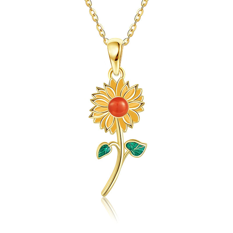 Origsoul 925 sunflower pendant for women with gold tone, orange center, and green leaves necklace
