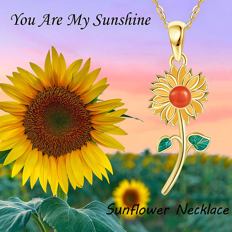 925 sunflower pendant for women by Origsoul with a gold chain and red center stone sunflower design