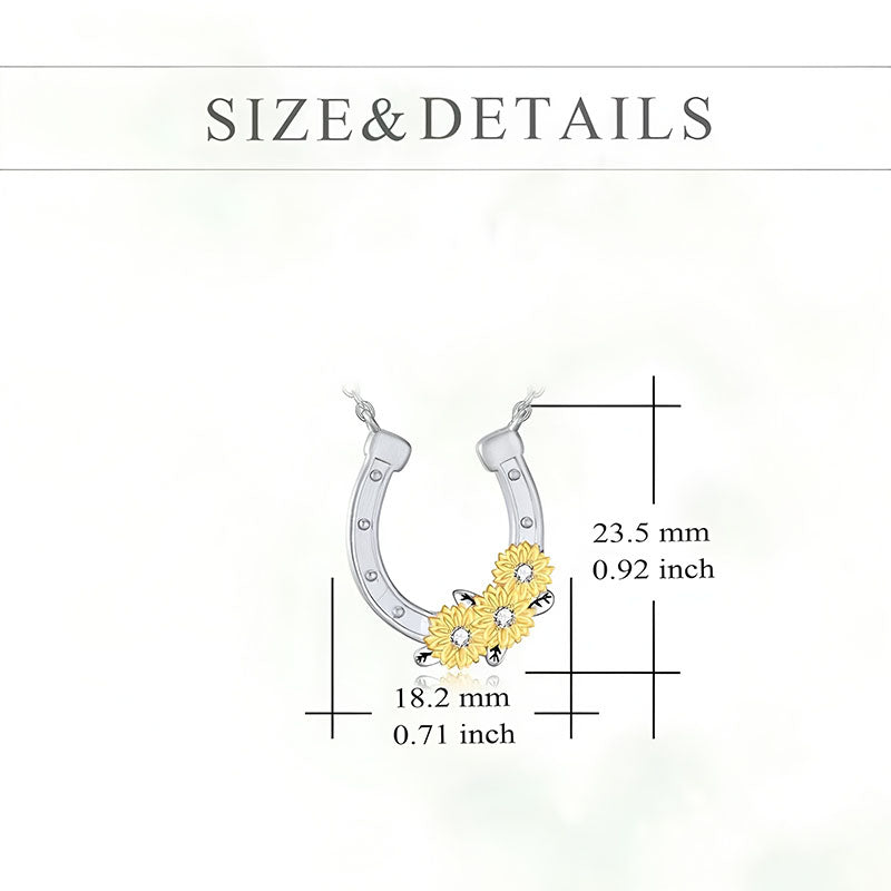 Origsoul lucky horseshoe necklace with silver horseshoe and three gold floral accents, size details included