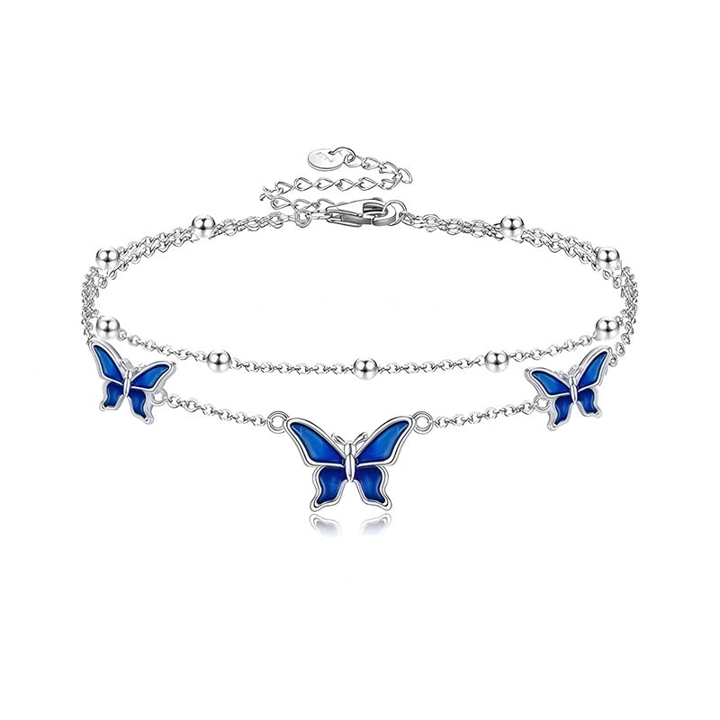 Origsoul adjustable butterfly anklet with blue enamel butterflies on silver double chain