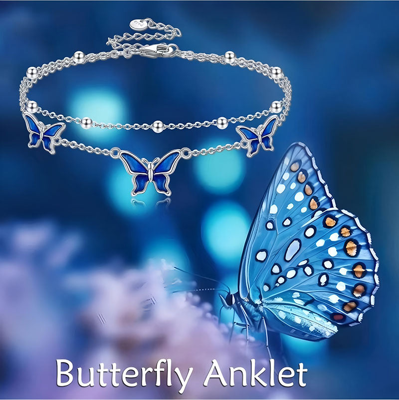 Origsoul adjustable butterfly anklet in silver with blue butterfly charms on a chain
