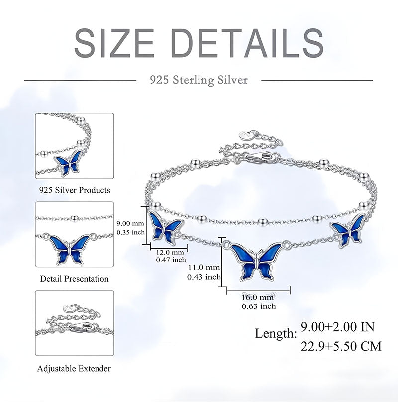 Origsoul adjustable butterfly anklet in 925 sterling silver with blue butterfly charms and adjustable extender