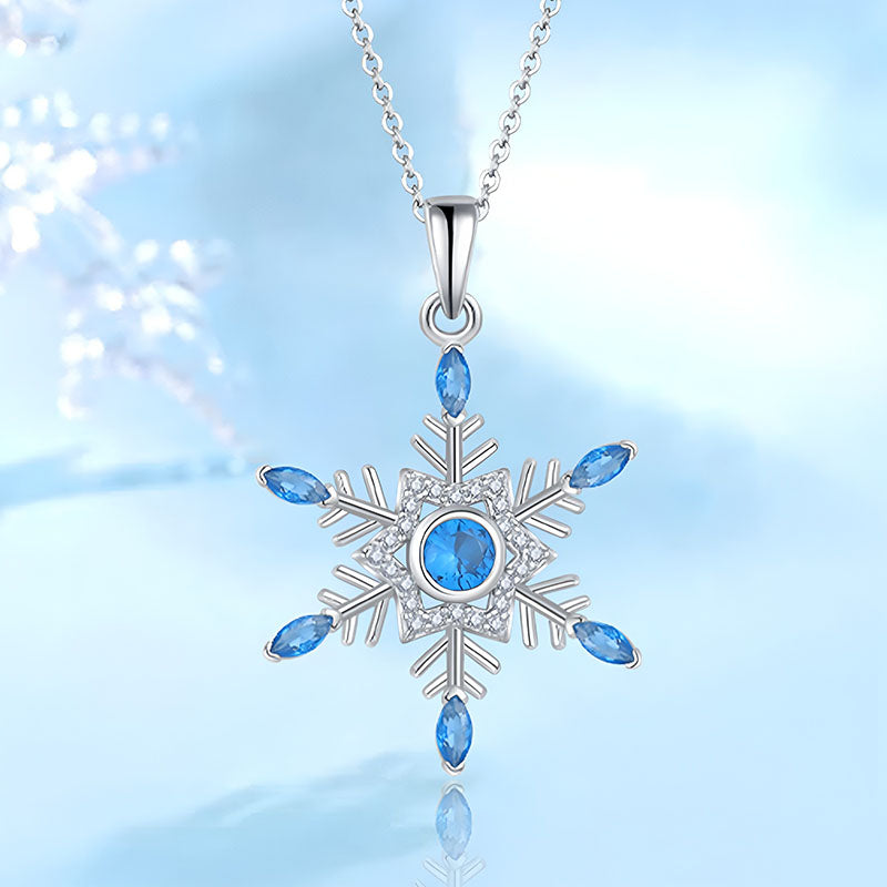 Origsoul silver frozen snowflake necklace pendant with blue gemstones and clear crystals on delicate chain