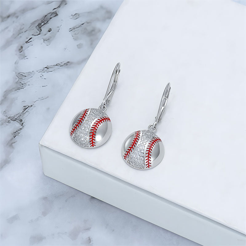 Origsoul baseball dangle earrings for women with silver finish and red stitching details