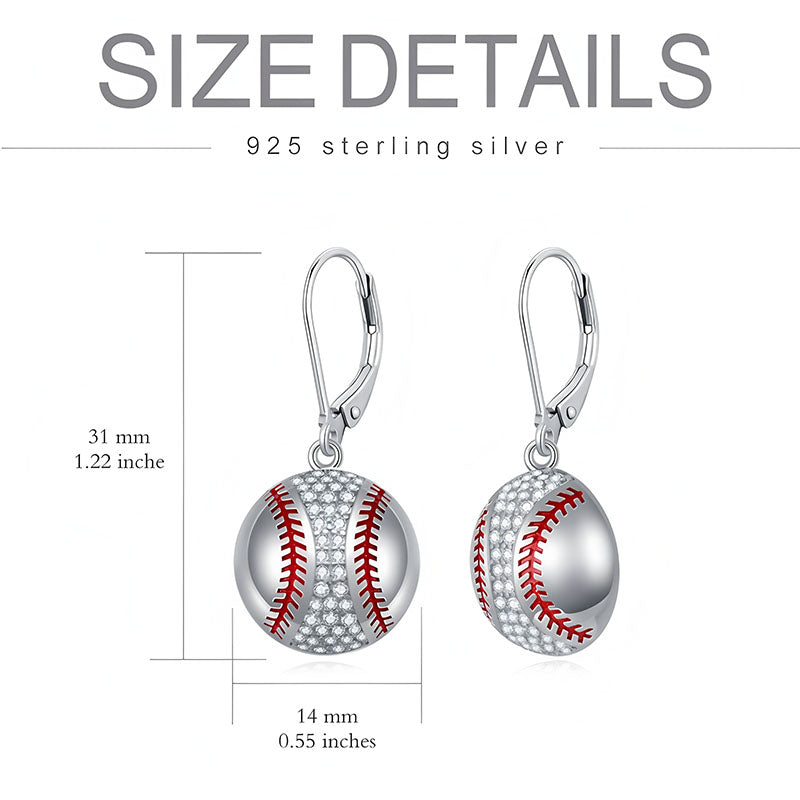 Origsoul 925 sterling silver baseball dangle earrings for women with red stitching and crystal details