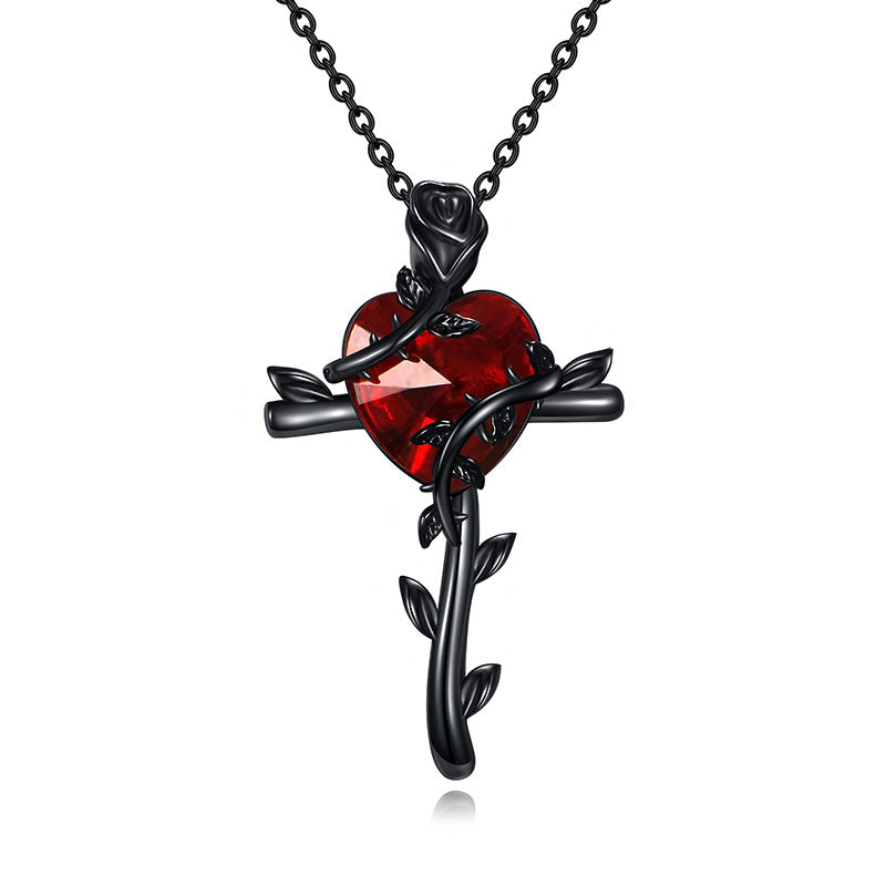 Origsoul black rose sterling silver necklace featuring a red heart pendant with intricate floral design