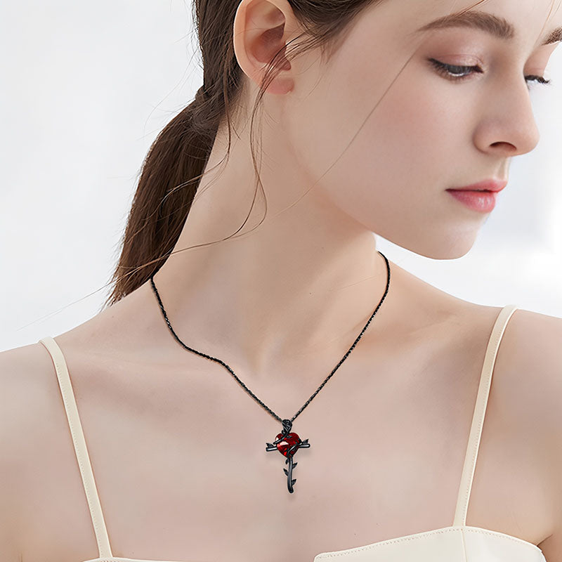 Origsoul black rose sterling silver necklace worn by a woman, showcasing its elegant design