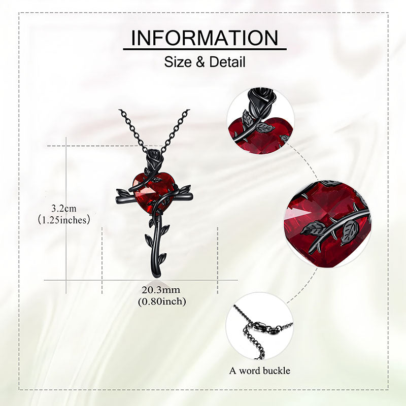 Black rose sterling silver necklace featuring a red gem and intricate floral design