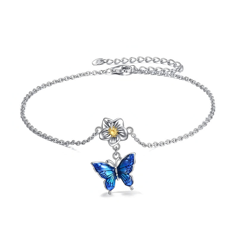 Origsoul delicate silver chain blue butterfly bracelet with flower charm and adjustable clasp