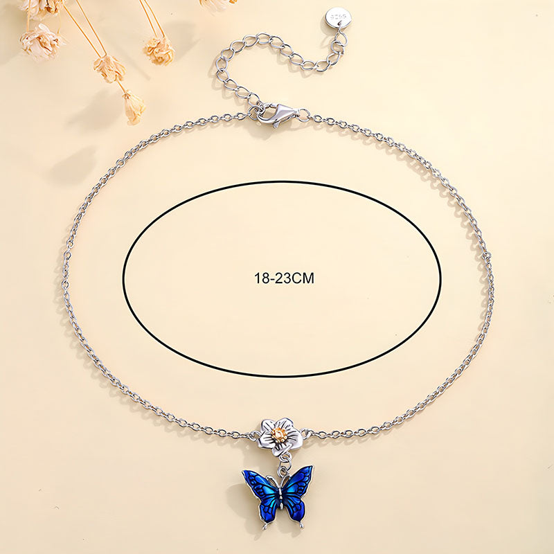 Origsoul blue butterfly bracelet with silver chain and flower charm adjustable length 18-23cm