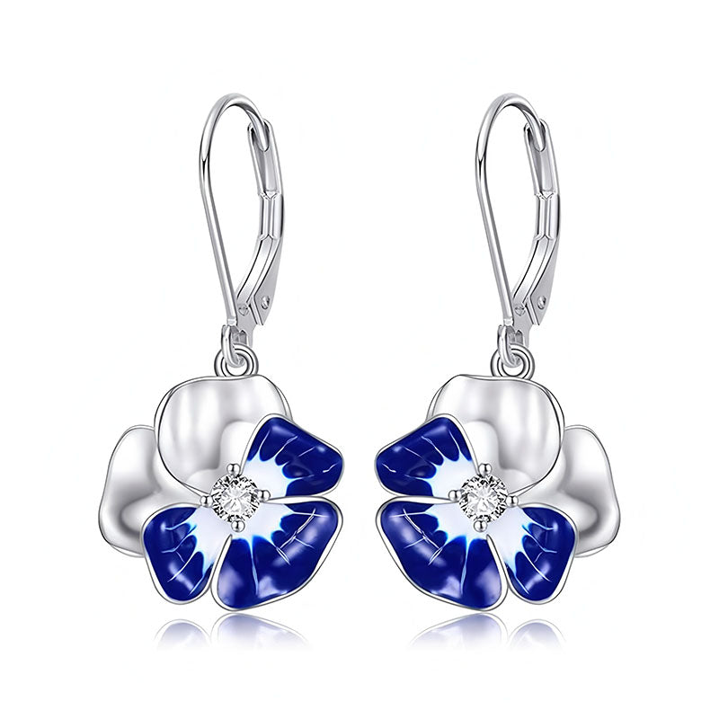 Origsoul blue floral dangle earrings for women with silver petals and sparkling center stones
