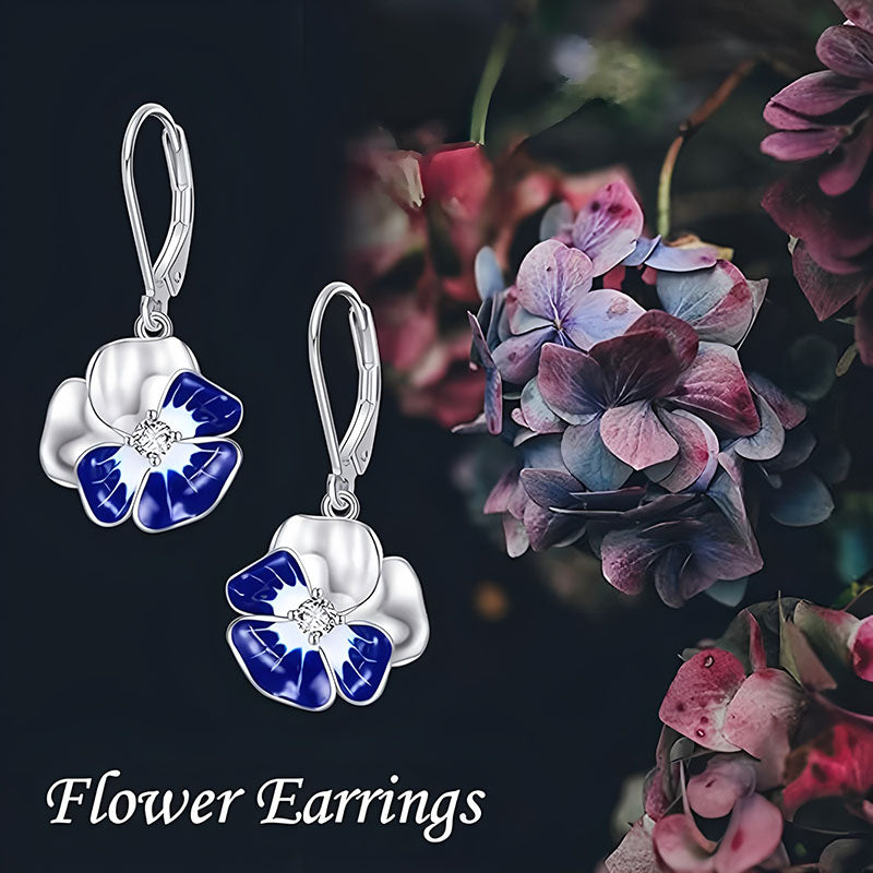 Origsoul blue floral dangle earrings for women featuring silver and blue flower design with lever back closure