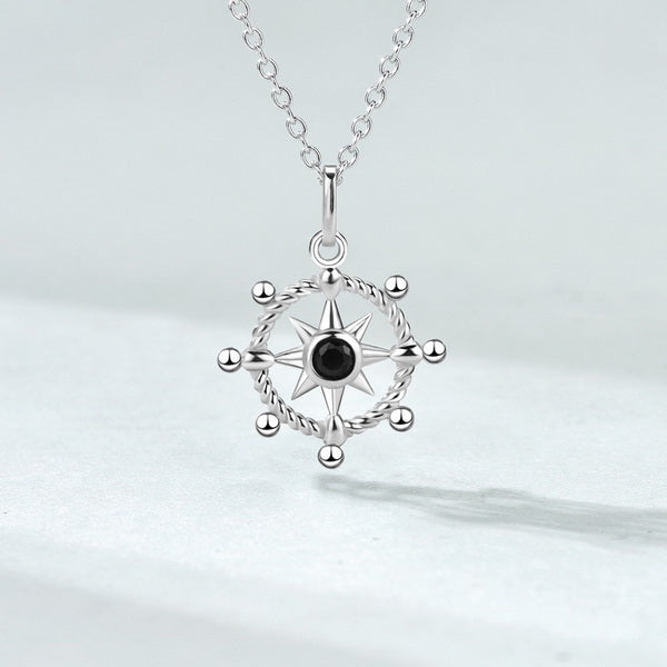 Origsoul silver blue zirconium anchor necklace with compass design and black center stone