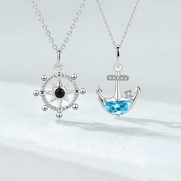Origsoul blue zirconium anchor necklace pendant with silver chain and compass necklace set
