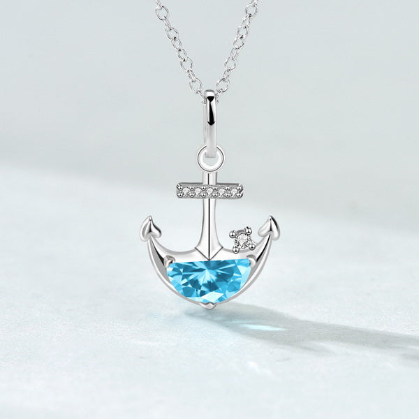 Origsoul blue zirconium anchor necklace with silver chain and gemstone pendant