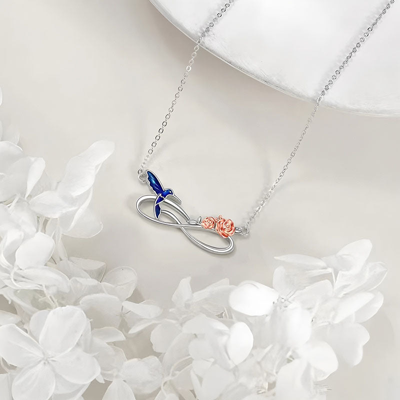 Origsoul bluebird rose pendant necklace for women featuring a bluebird and pink rose design