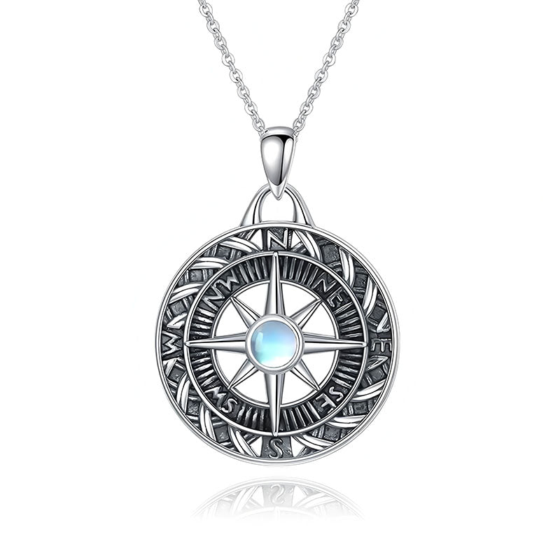Origsoul bohemian silver mandala necklace with intricate compass design and blue center stone