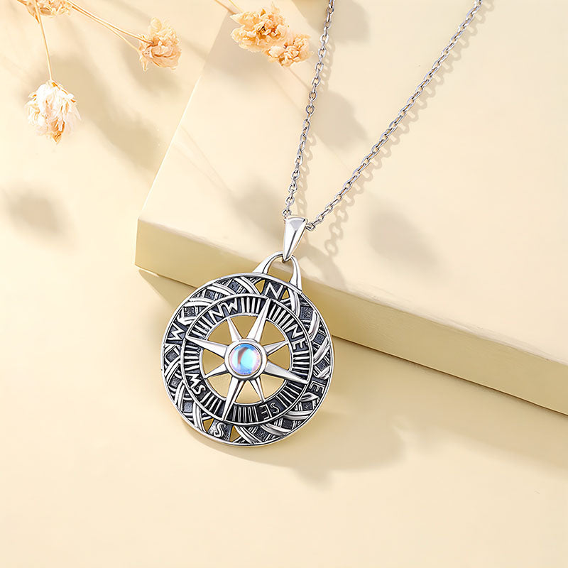 Origsoul bohemian silver mandala necklace with compass design and iridescent center on silver chain