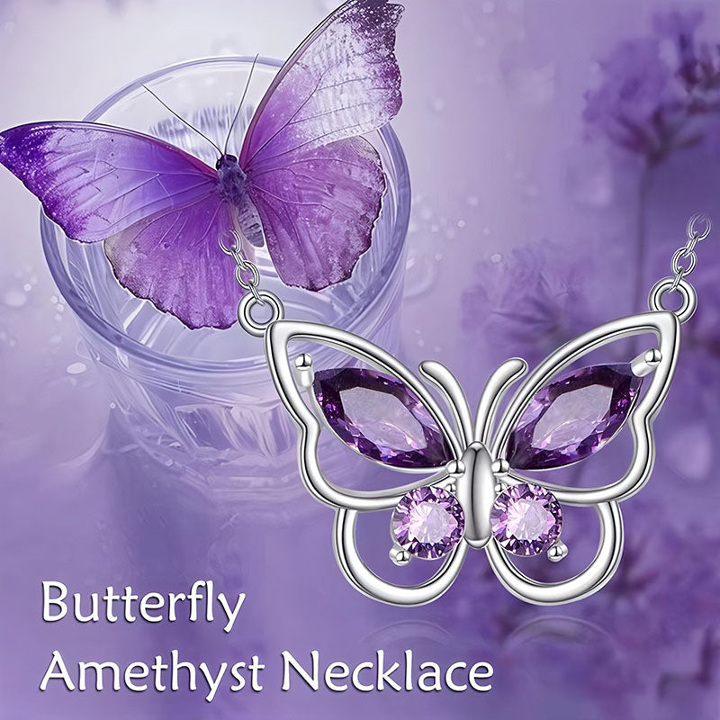 Origsoul delicate butterfly necklace with purple amethyst gemstones on silver chain