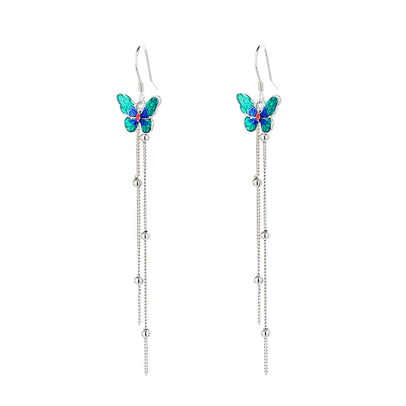 Origsoul butterfly tassel earrings with blue and green enamel butterfly and silver chain tassels