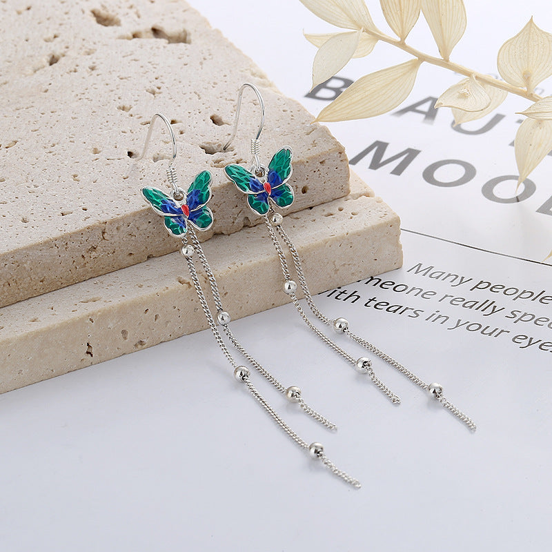 Origsoul butterfly tassel earrings with green and blue enamel butterfly and silver chains