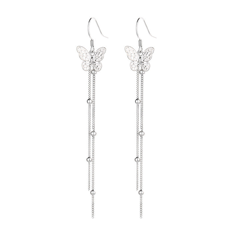 Origsoul silver butterfly tassel earrings with delicate chain and bead details in insect jewelry style
