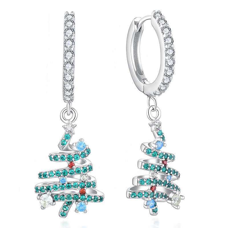 Origsoul Christmas tree hoop earrings with colorful gemstones and silver-tone metal design