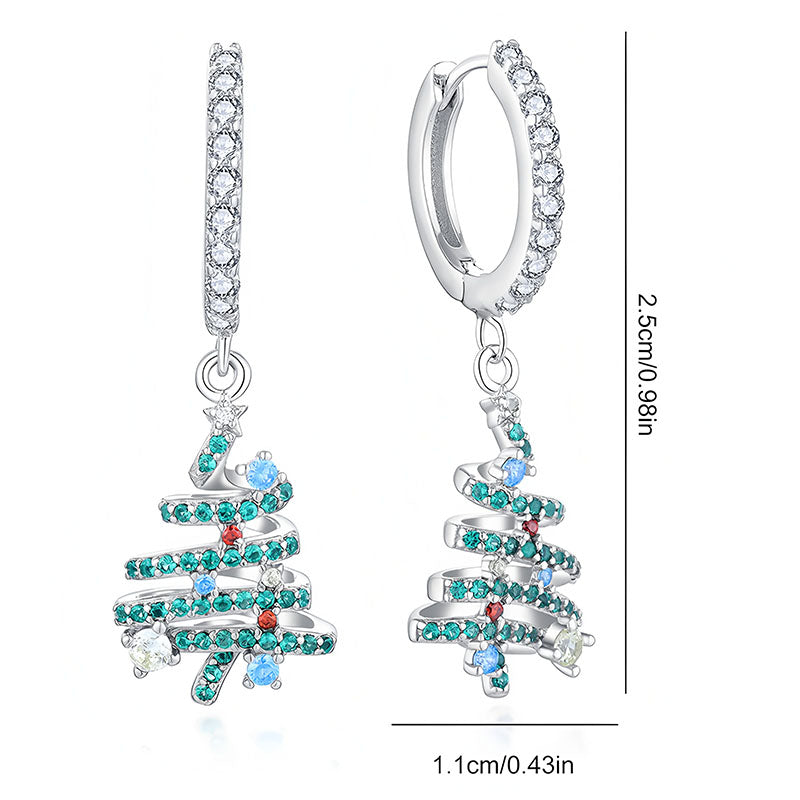 Origsoul Christmas tree hoop earrings with green and blue stones and silver hoops