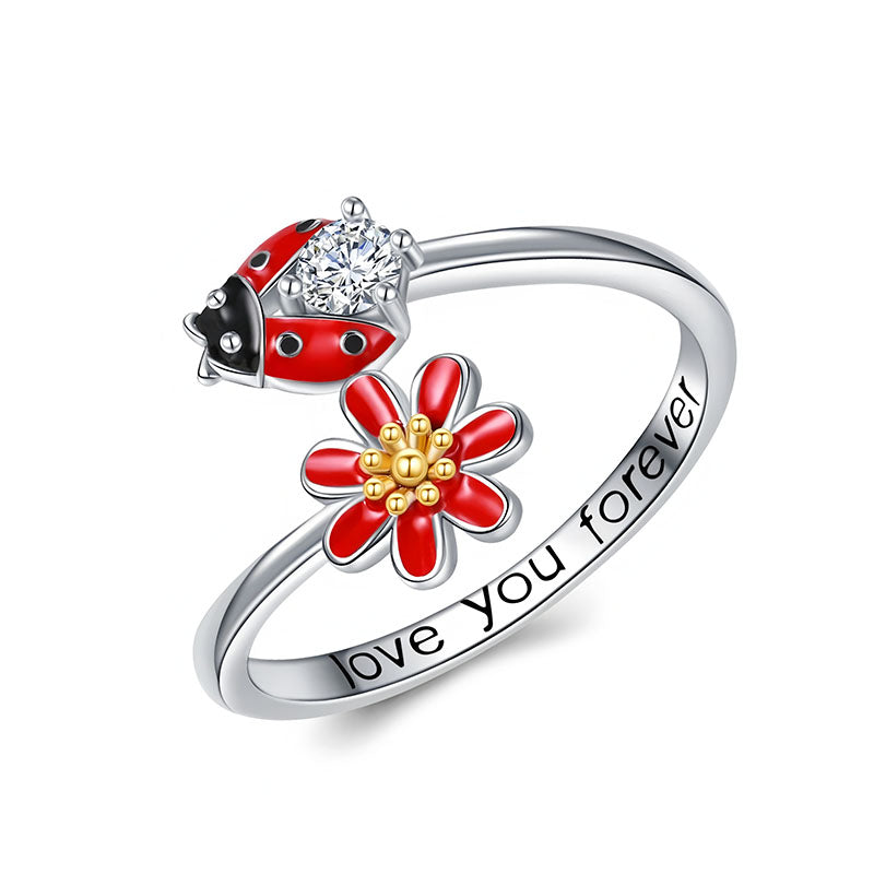 Origsoul colorful ladybug ring with red flower and engraved love you forever silver band