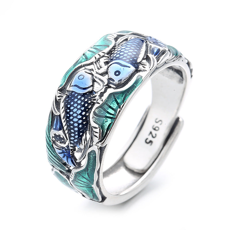 Origsoul colorful lotus carp ring with detailed blue fish and green lotus leaf design in silver