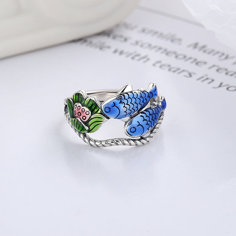 Origsoul colorful lotus carp ring with blue fish and green lotus design on silver band