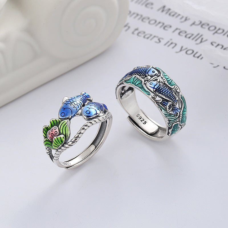 Origsoul colorful lotus carp ring set with detailed fish and lotus design in blue and green enamel