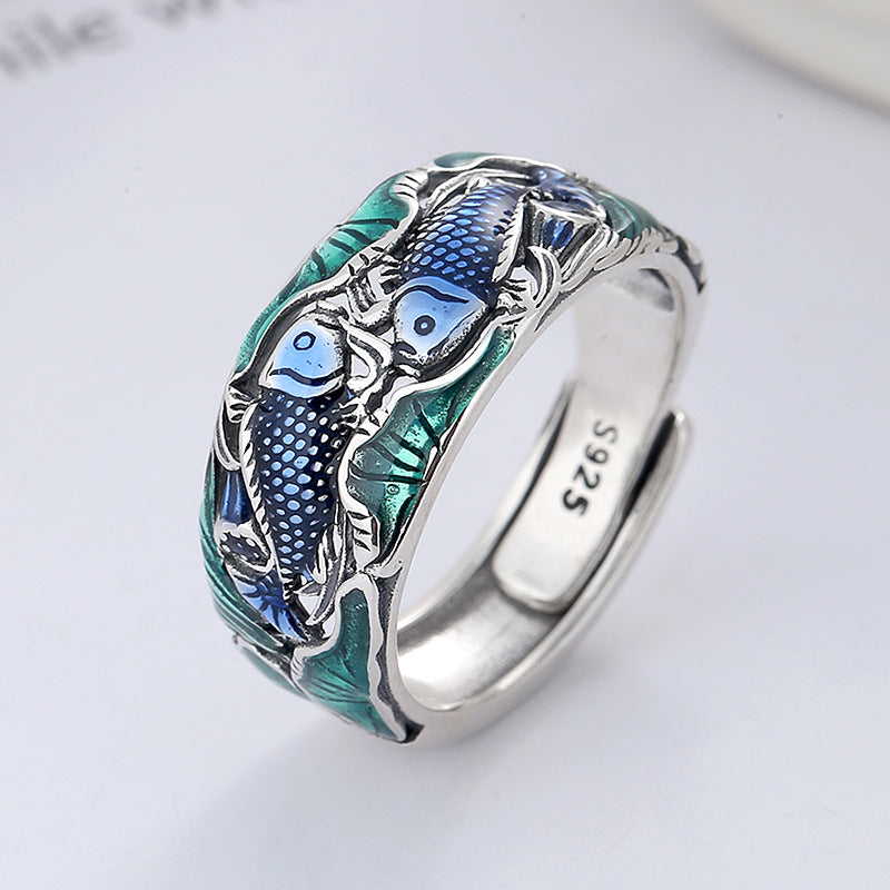 Origsoul colorful lotus carp ring featuring blue carp fish and green lotus leaf design in silver