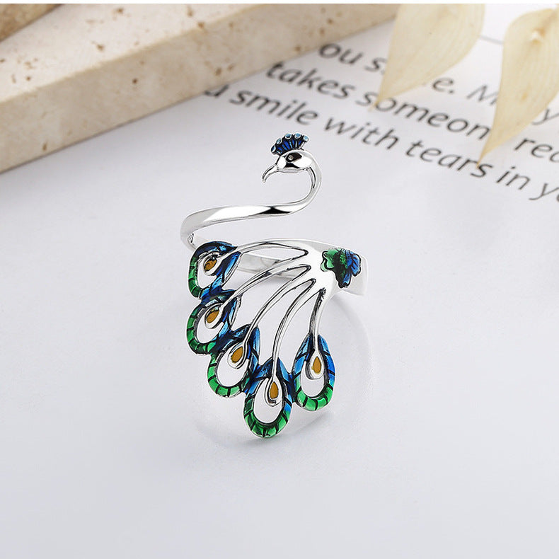 Origsoul peacock adjustable ring for women with intricate blue and green feather design