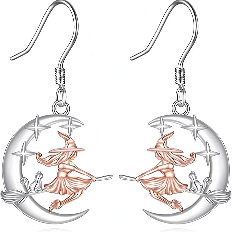 Origsoul crescent moon dangle earrings with witch and cat design in silver and rose gold tones