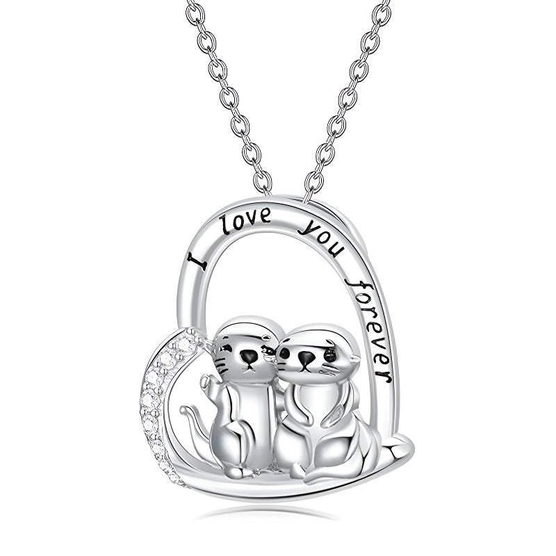 Silver cute animal pendant necklace featuring two otters and the phrase I love you forever