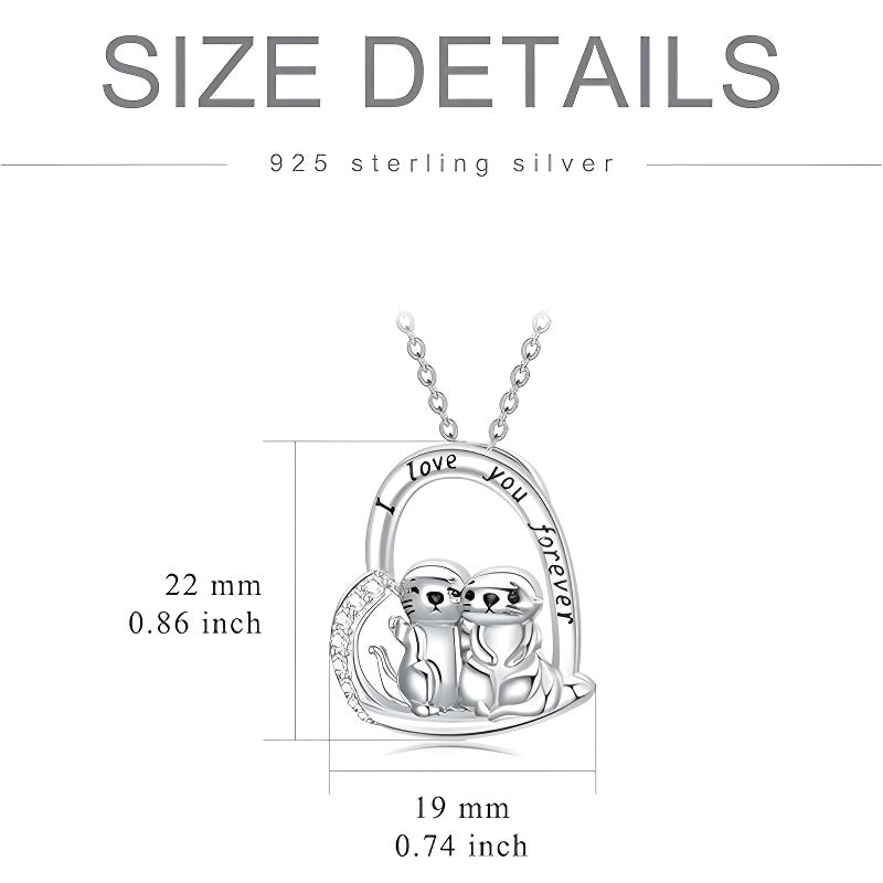 Sterling silver cute animal pendant necklace featuring two playful otters with a love message