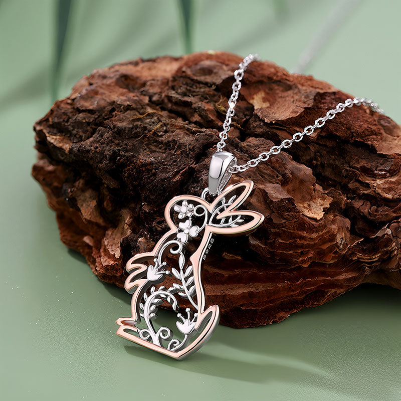 Origsoul cute bunny charm pendant necklace with intricate floral design on silver chain