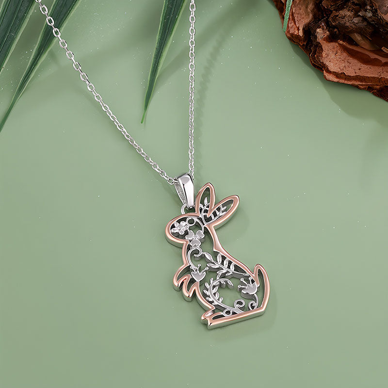 Origsoul cute bunny charm pendant with floral cutout design on silver chain necklace