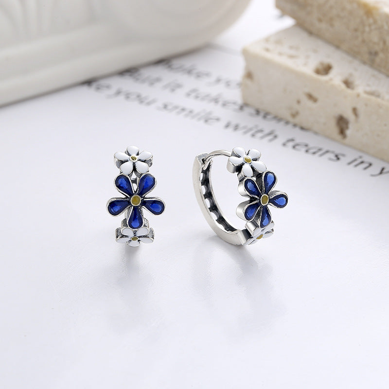 Origsoul daisy hoop earrings for women with blue and white flower design birthflower jewelry