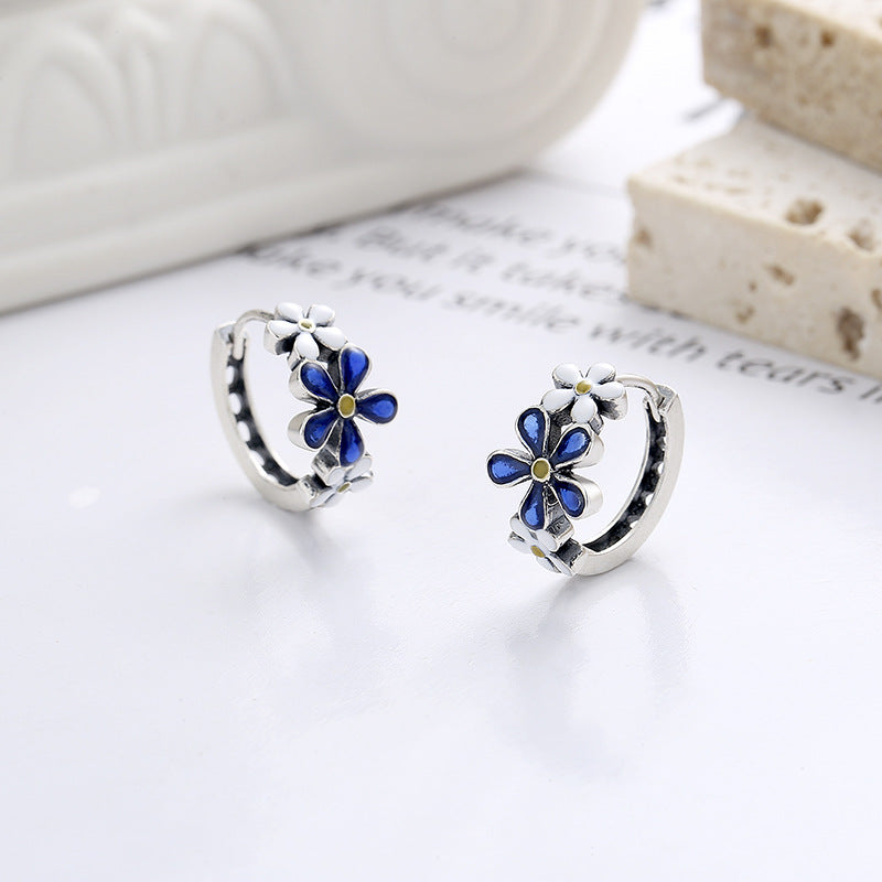 Origsoul birthflower daisy hoop earrings for women with blue and white enamel floral design